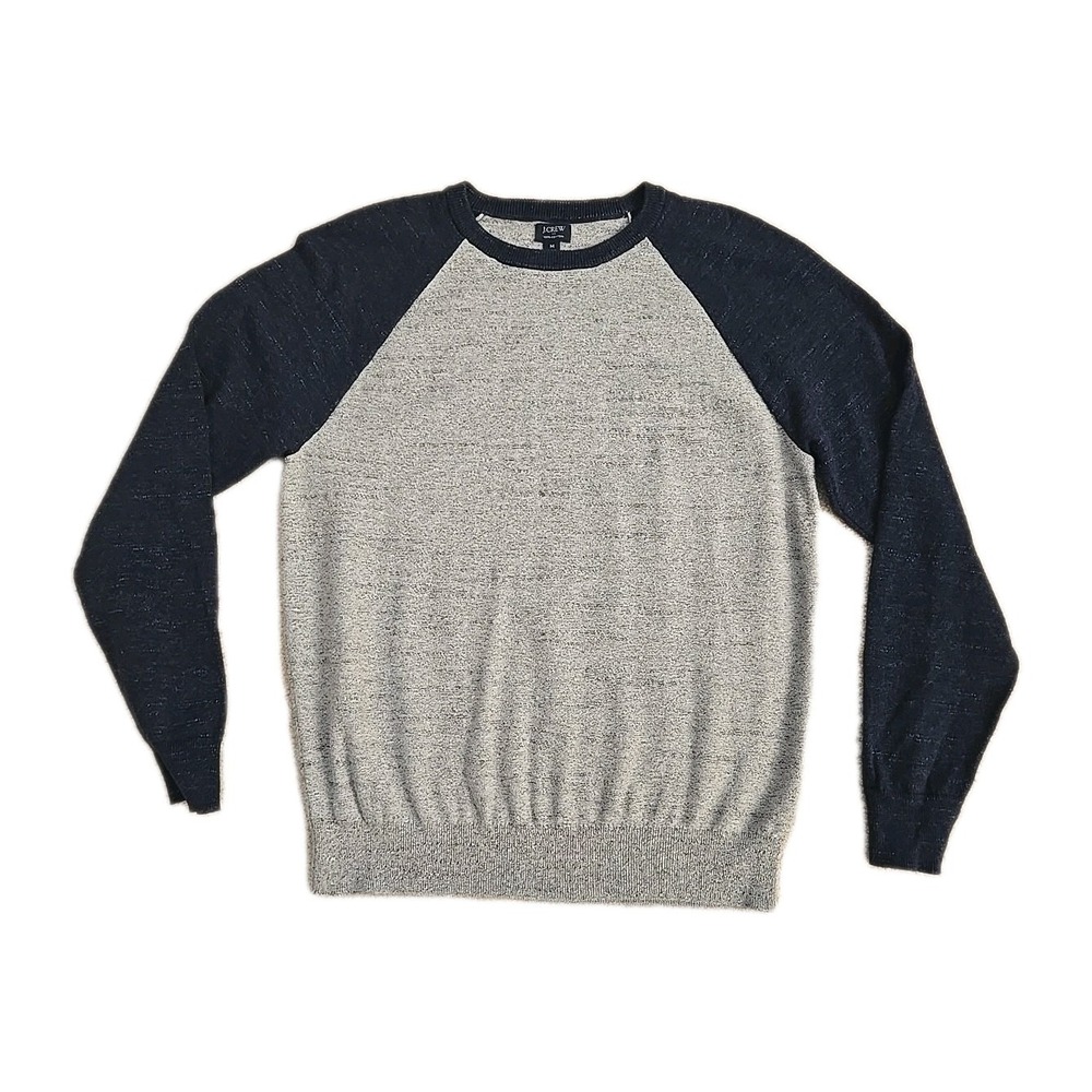 J. Crew Men Two Tone Gray Blue Crew‎ Neck Raglan Pullover Sweater Size Medium
